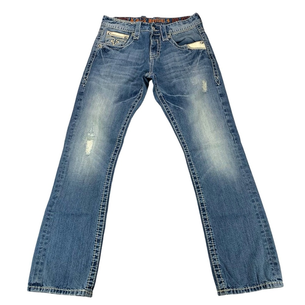 Rock Revival Liam Straight Jeans Mens 30x31 Blue Distressed Buckle‎ Denim